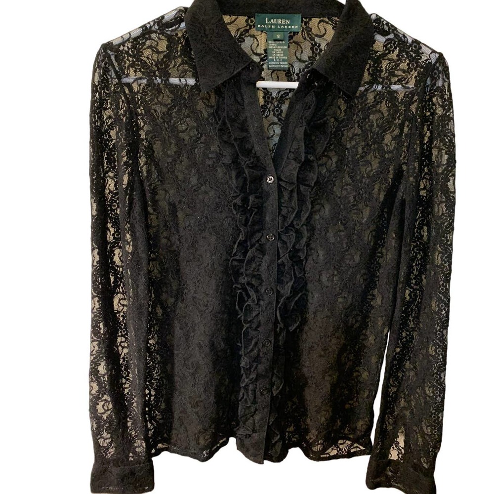LAUREN RALPH LAUREN Green label Button Up Top Womens S Small Blk Lace TINY FLAW